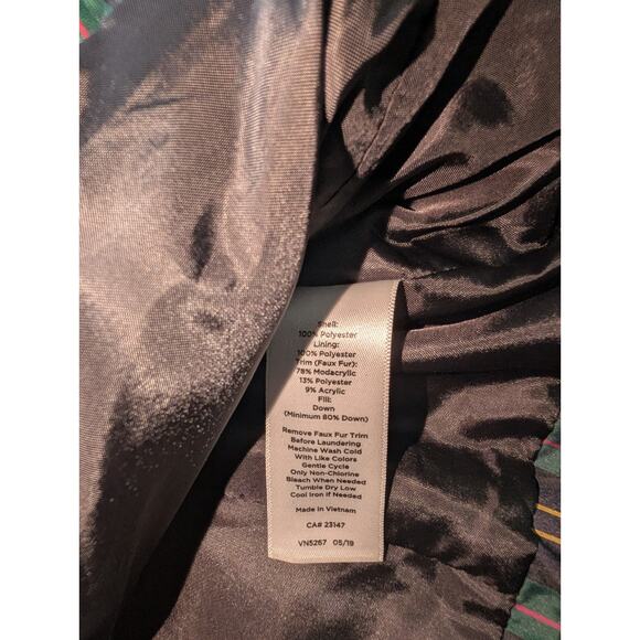 Talbots Plaid Green Pink Puffer Vest Removeable Faux Fur Collar Womens Medium - Picture 5 of 6